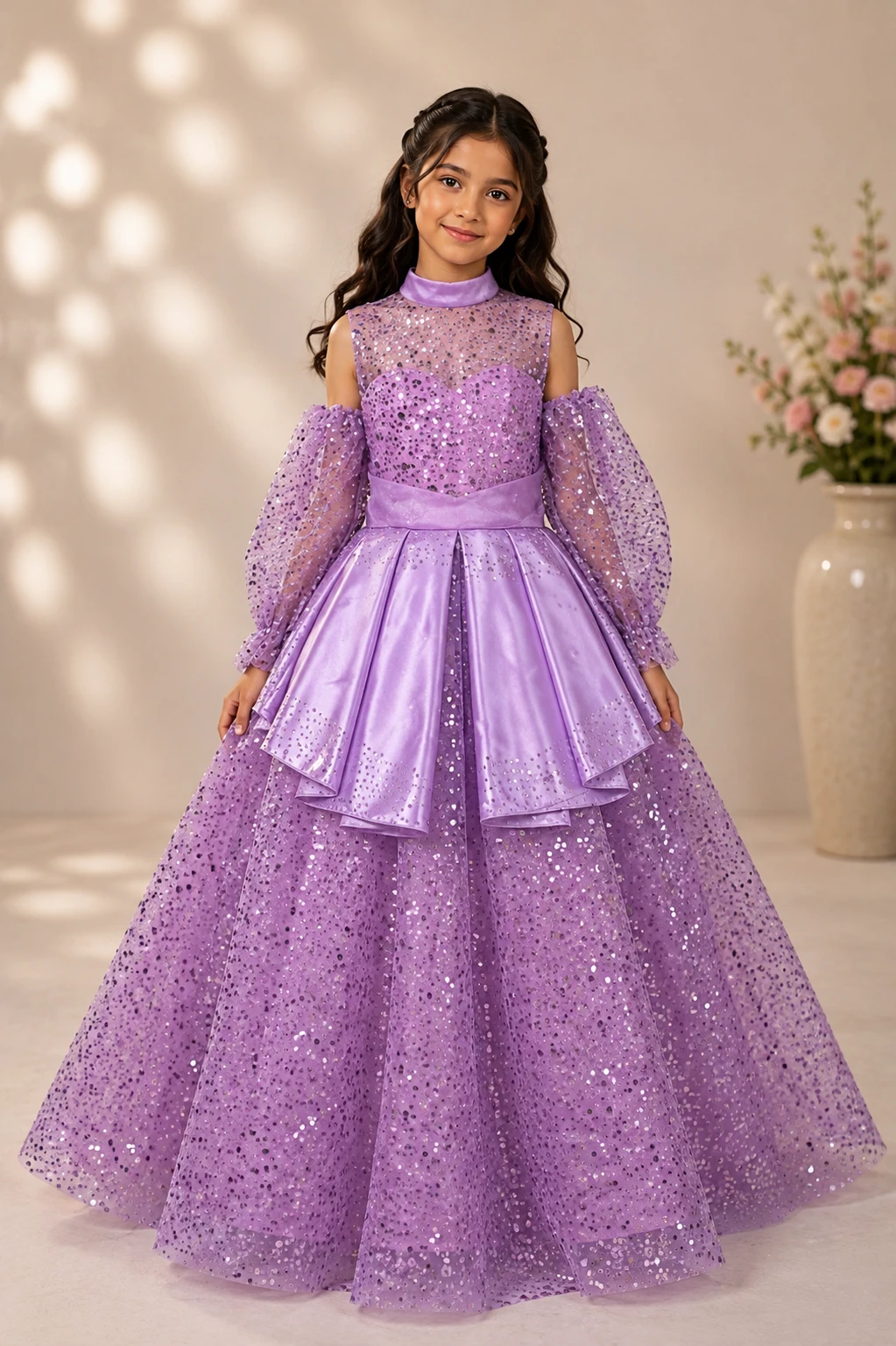 Lavender Sequin Net Ball Gown for Girls | Designer Party Wear Dress