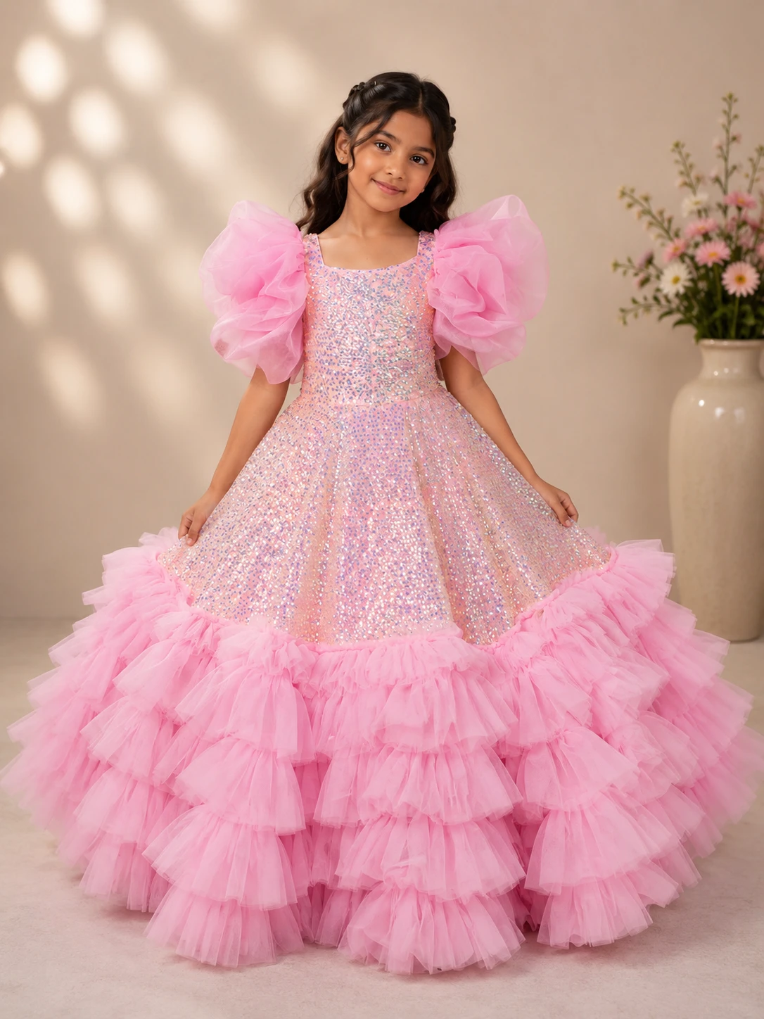 Pink Sequin Net Ball Gown with Layered Frills & Statement Sleeves for Girls