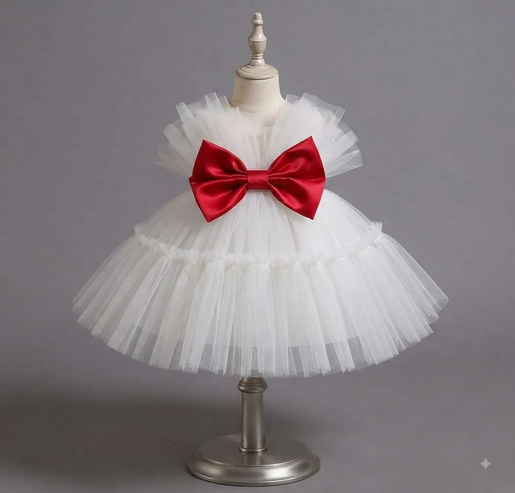 White Swan Red Bow Princess Frock
