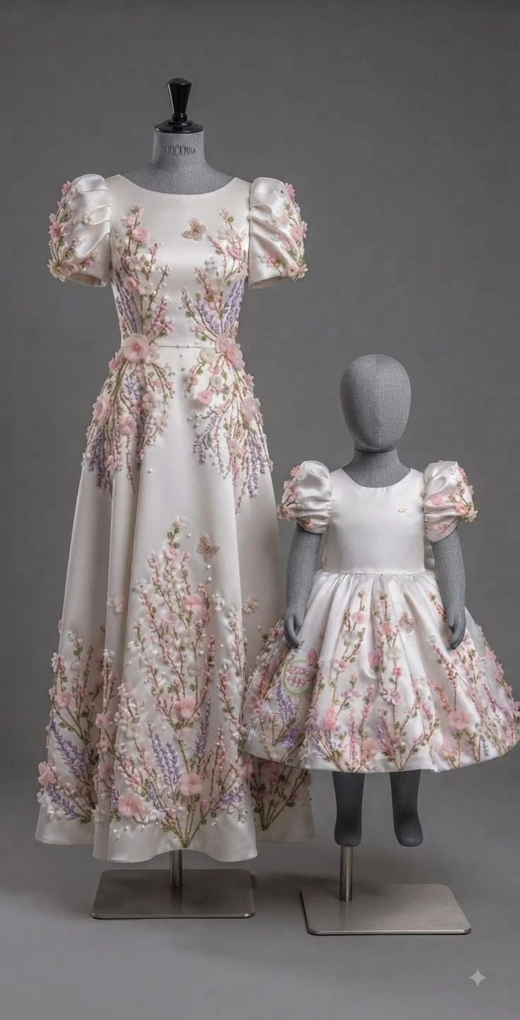 Mom & Me Combo: Ivory Floral 3D Embroidery Mommy & Daughter Matching Outfit Set