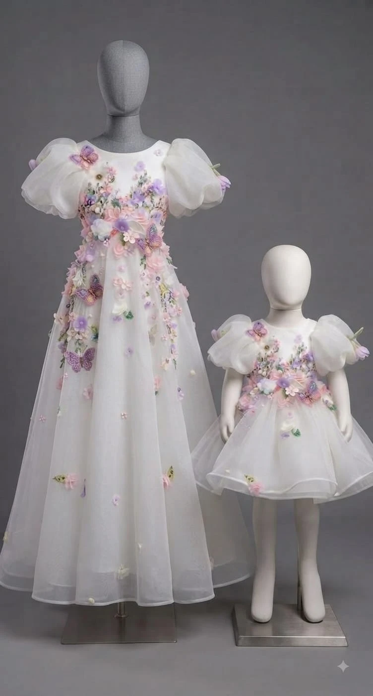 Mom & Me Combo: Off-White Organza 3D Floral & Butterfly Puff-Sleeve Mommy & Daughter Set