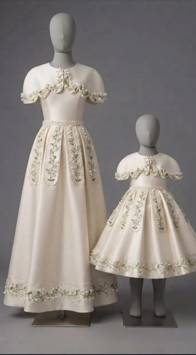 Mom & Me Combo: Cream Satin Capelet Floral Embroidery Mommy & Daughter Set