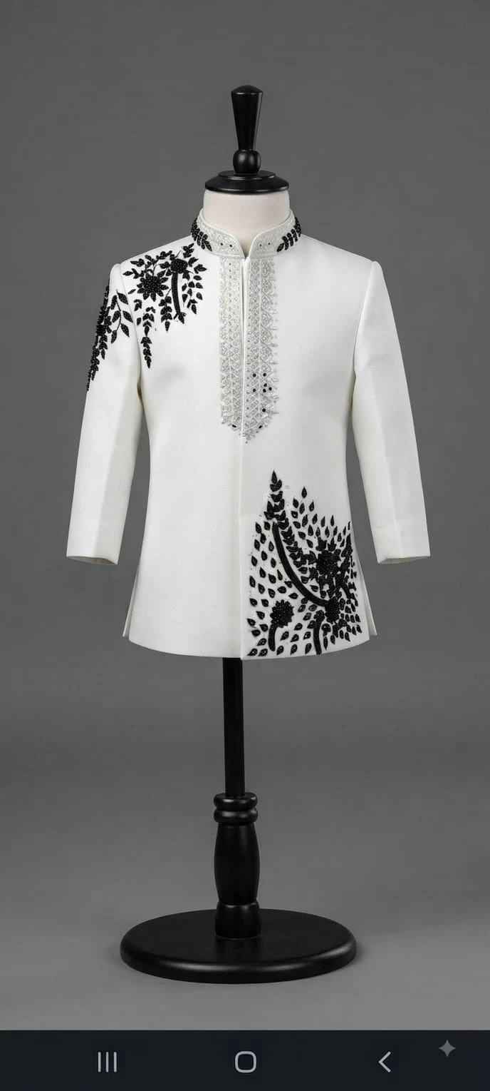 Ivory White Asymmetric Black-Embroidered Indo-Western Sherwani Jacket for Boys