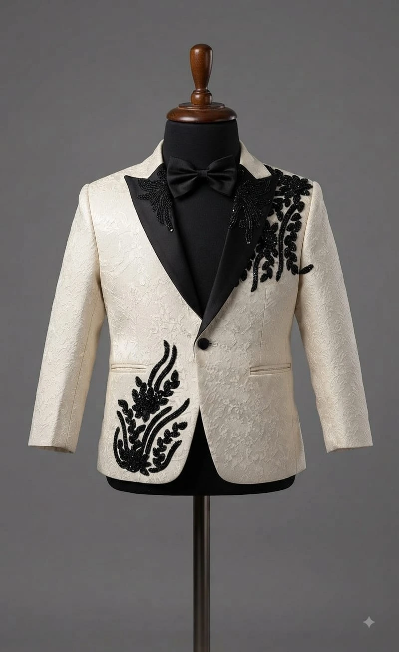 Ivory Jacquard & Black Embroidered Tuxedo Blazer for Boys