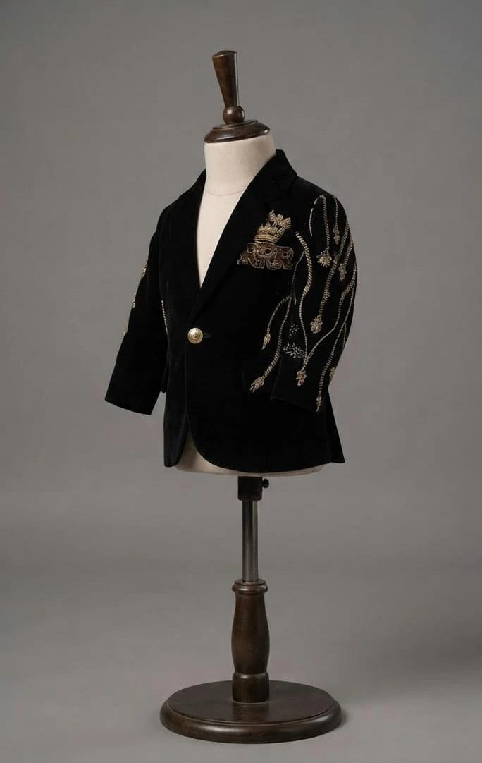 Royal Black Velvet Lion-Embroidered Blazer for Boys / Luxury Statement Party Wear