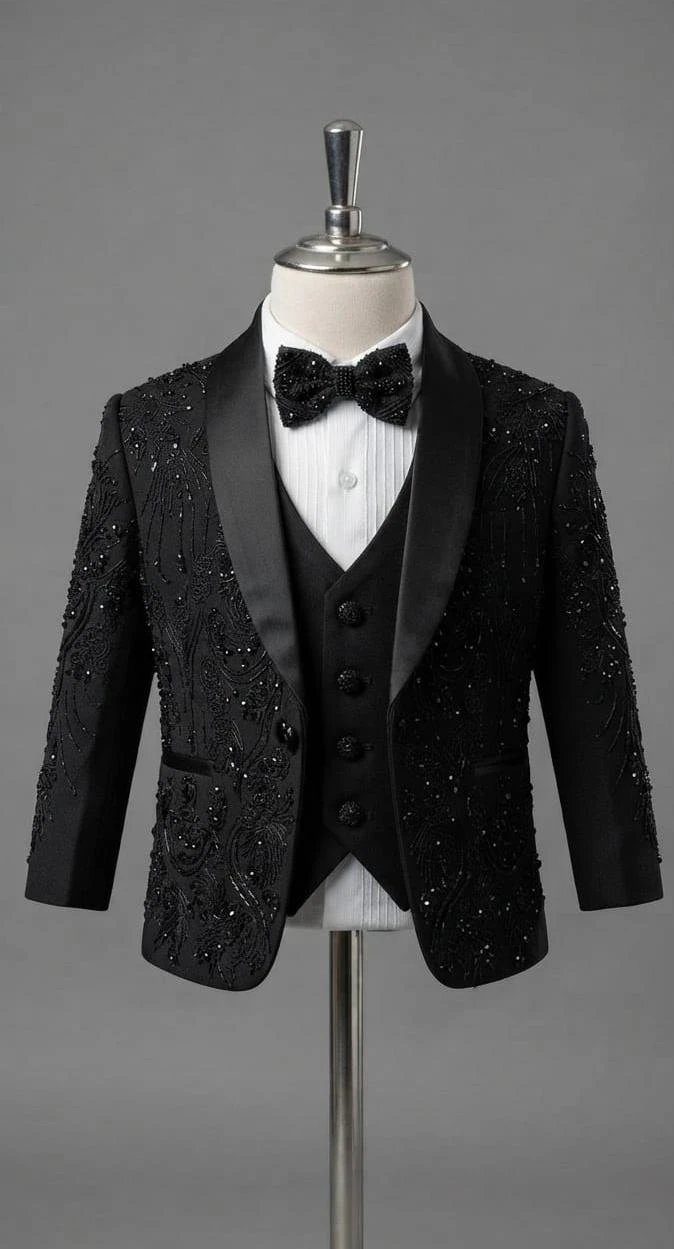 Luxury Black Sequin & Bead Embroidered 3-Piece Tuxedo Suit for Boys
